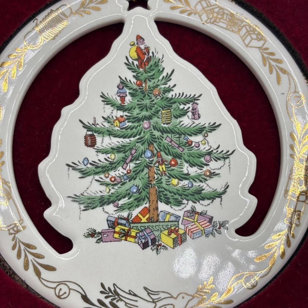 Vintage 1990s Spode Christmas Tree Ornament Ceramic Round Cutout Gold Trim Box